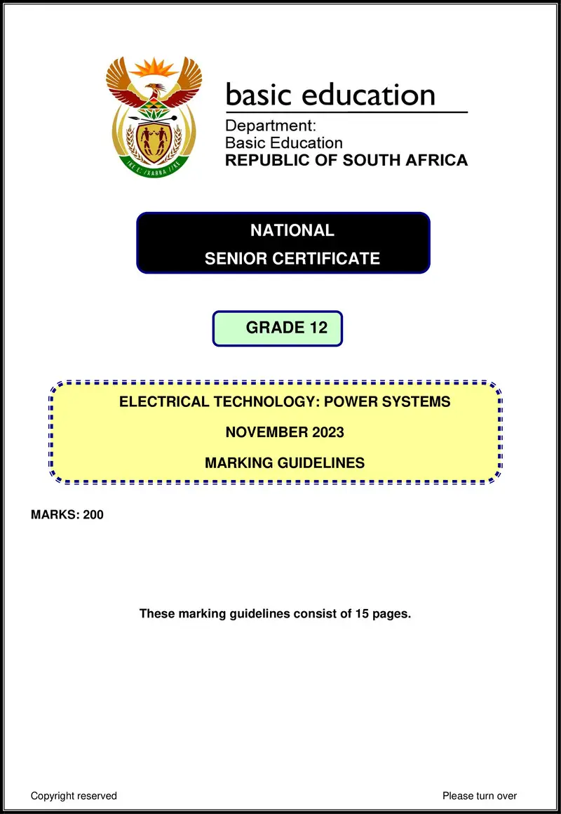 Grade 12 Electrical Technology past paper 2023 – electrical technology nov 2023 power systems mg eng gr12