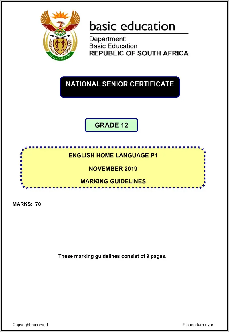 English Hl P1 Nov 2019 Memo Gr12