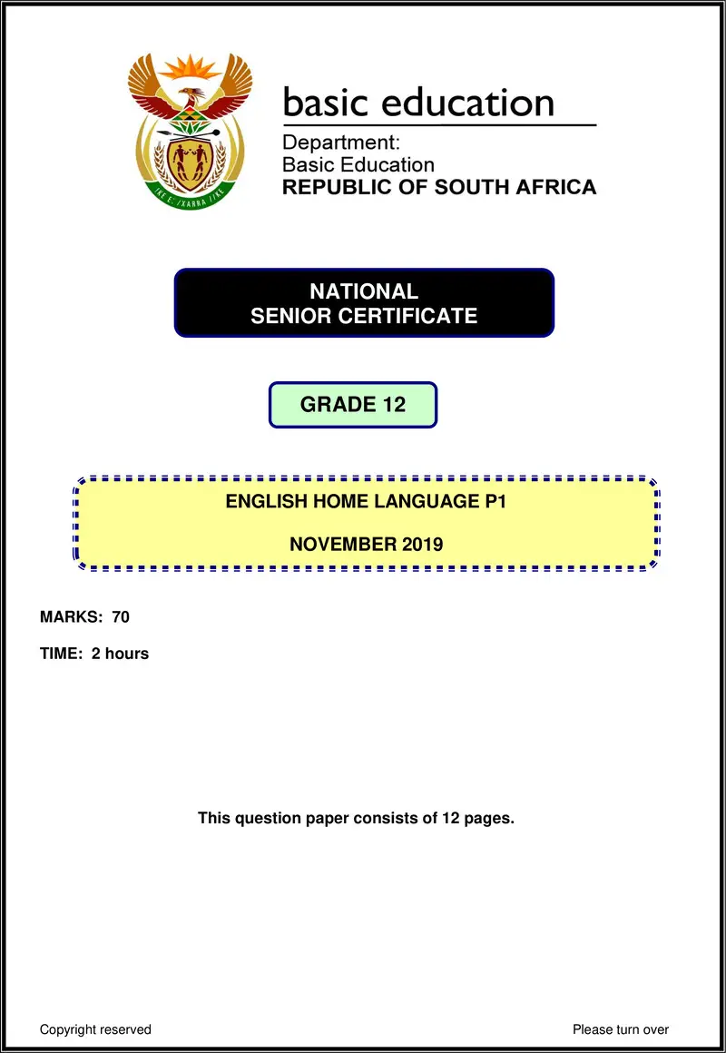 English Hl P1 Nov 2019 Gr12