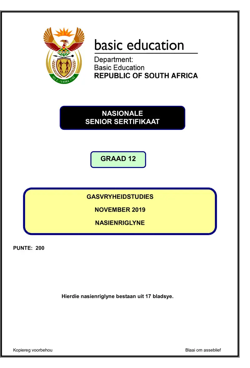 Hospitality Studies Nov 2019 Memo Afr Gr12