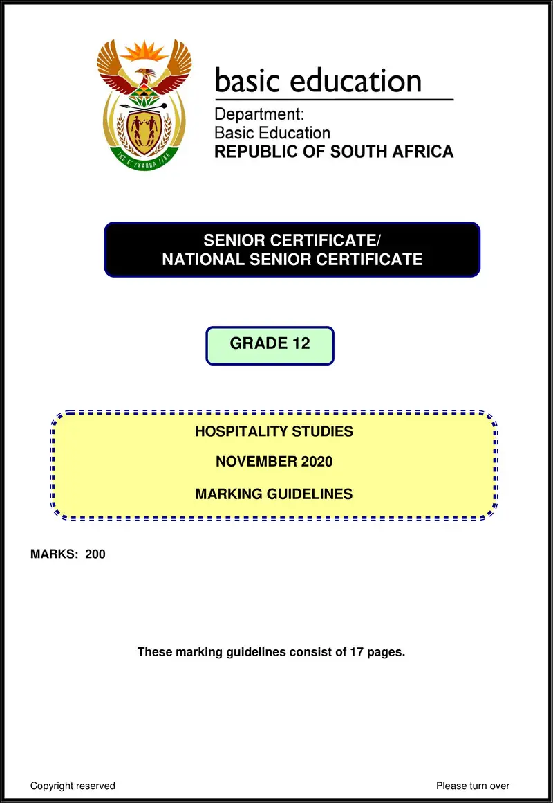 Hospitality Studies Nov 2020 Memo Eng Gr12