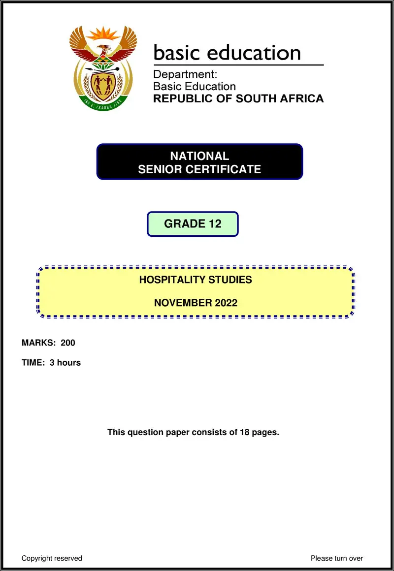 Hospitality Studies Nov 2022 Eng Gr12