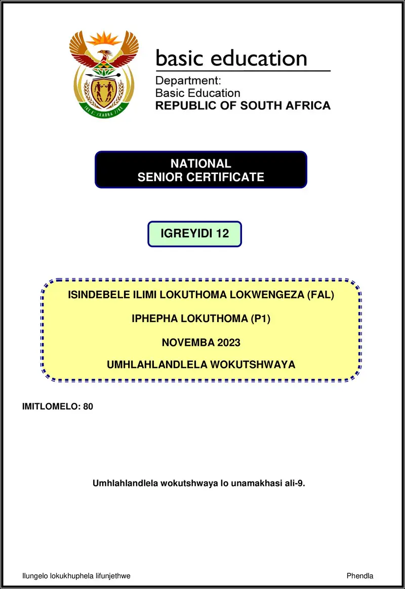 Isindebele Fal P1 Nov 2023 Mg Gr12