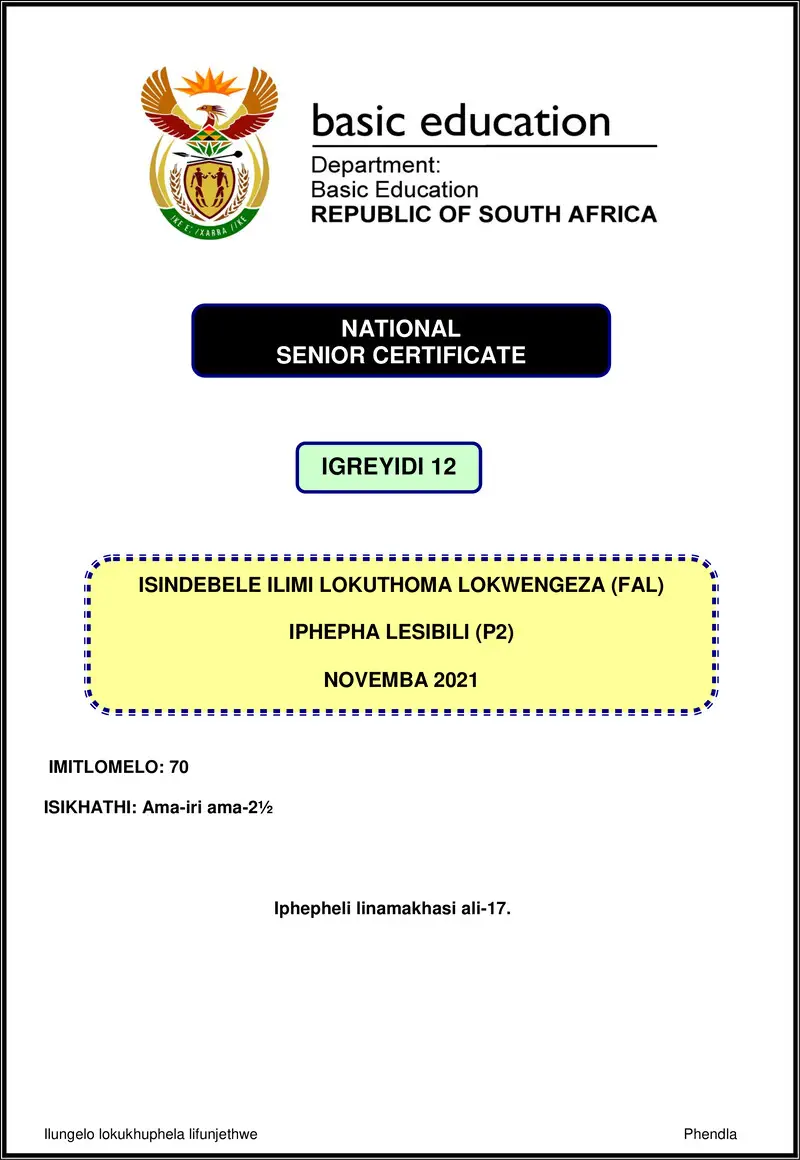 Isindebele Fal P2 Nov 2021 Gr12