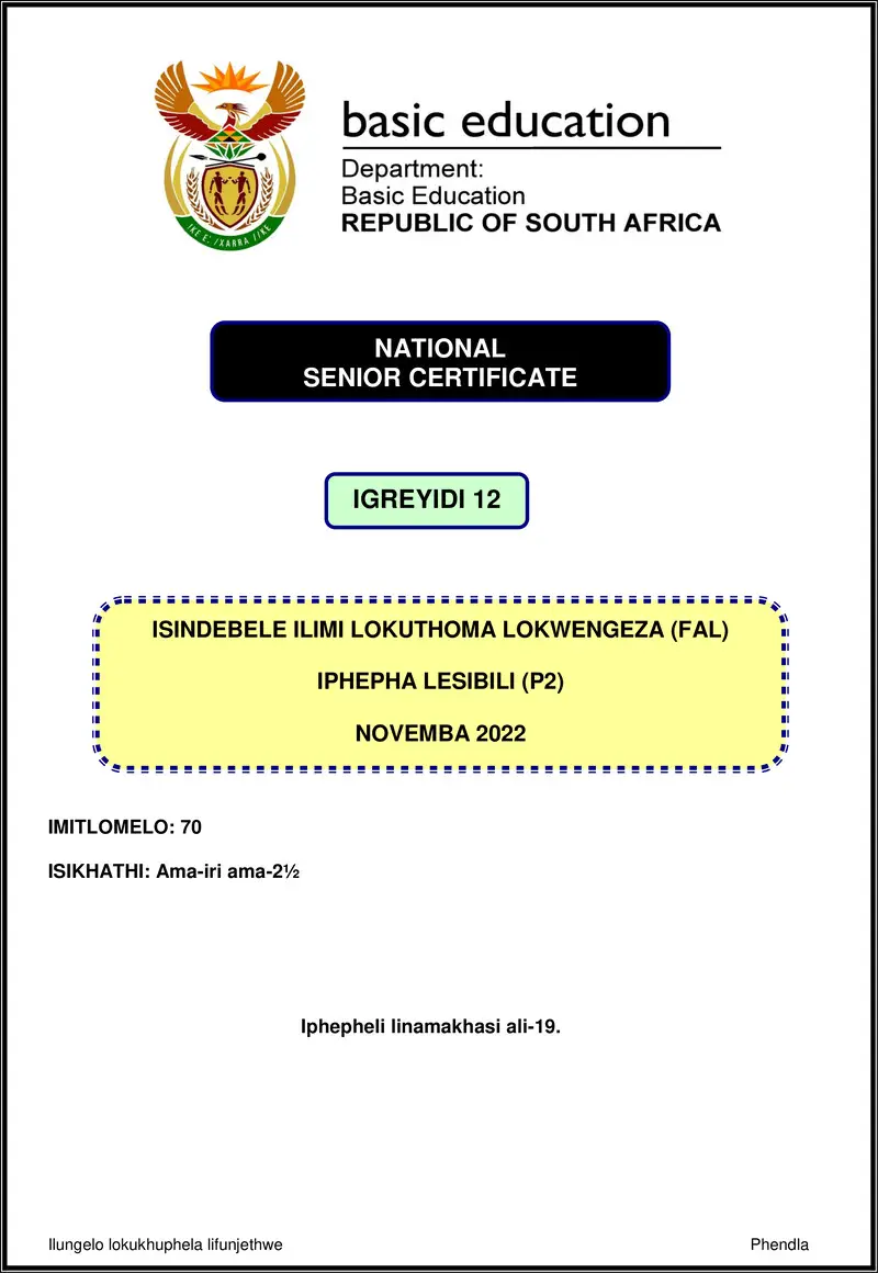 Isindebele Fal P2 Nov 2022 Gr12