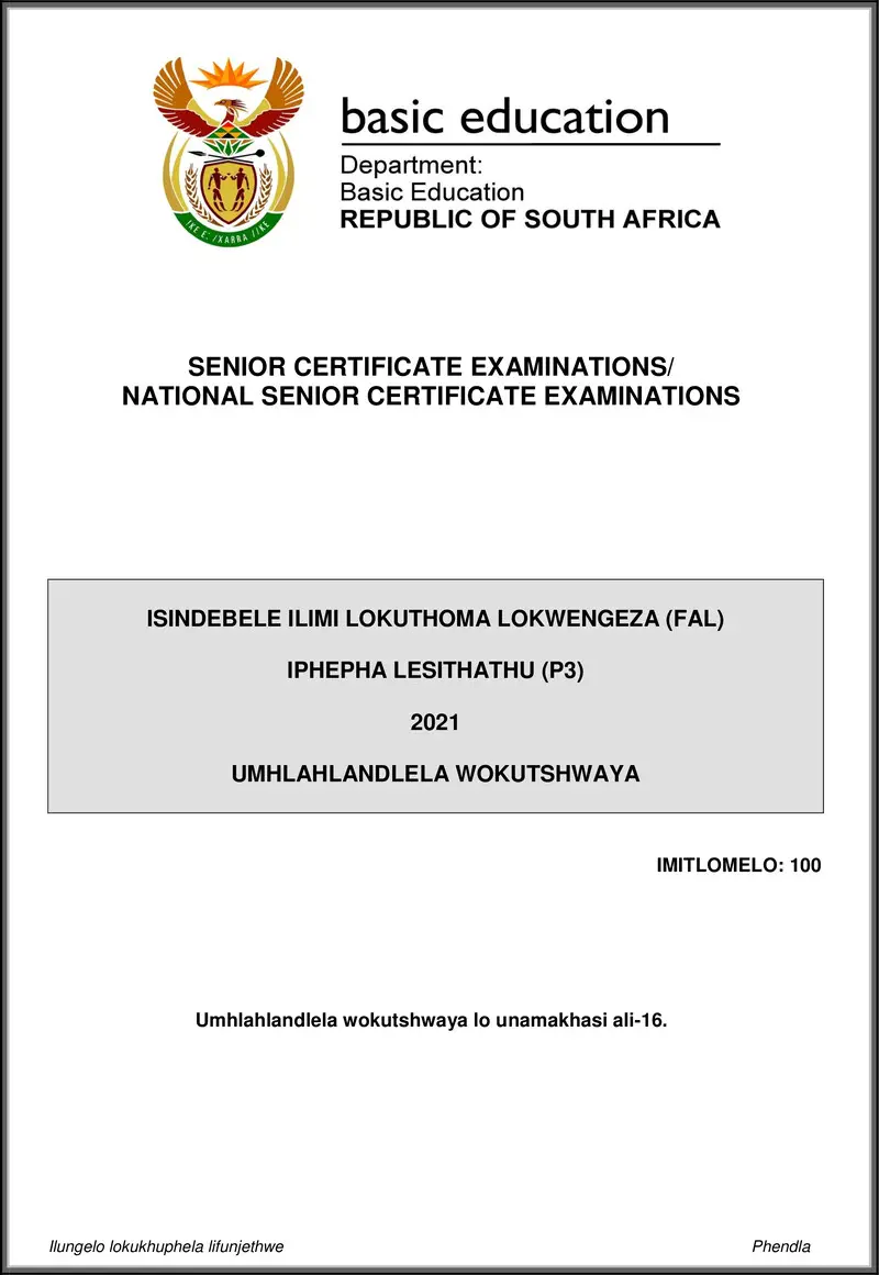 Grade 12 isiNdebele past paper 2021 – isindebele fal p3 may june 2021 mg gr12