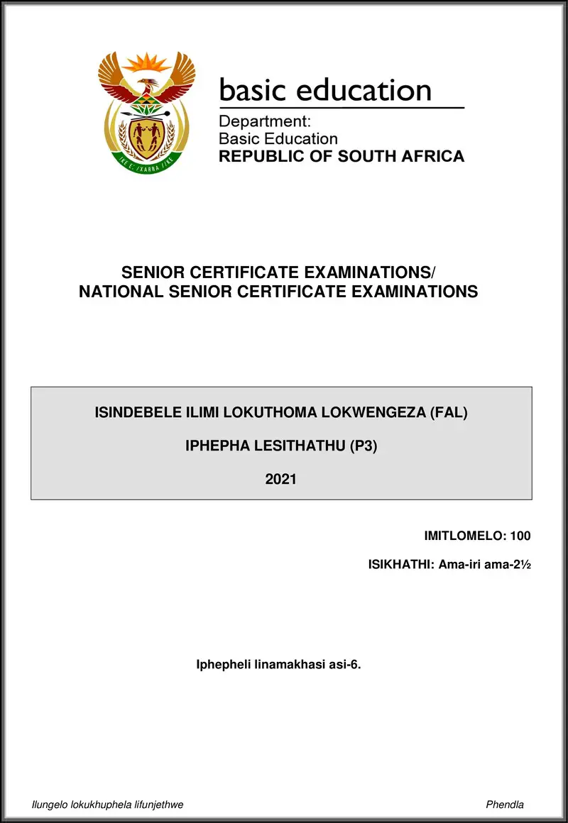 Grade 12 isiNdebele past paper 2021 – isindebele fal p3 may june 2021 gr12