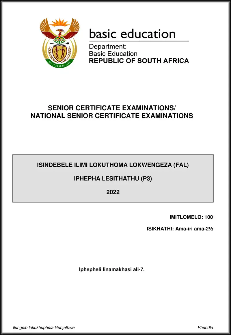 Isindebele Fal P3 May June 2022 Gr12