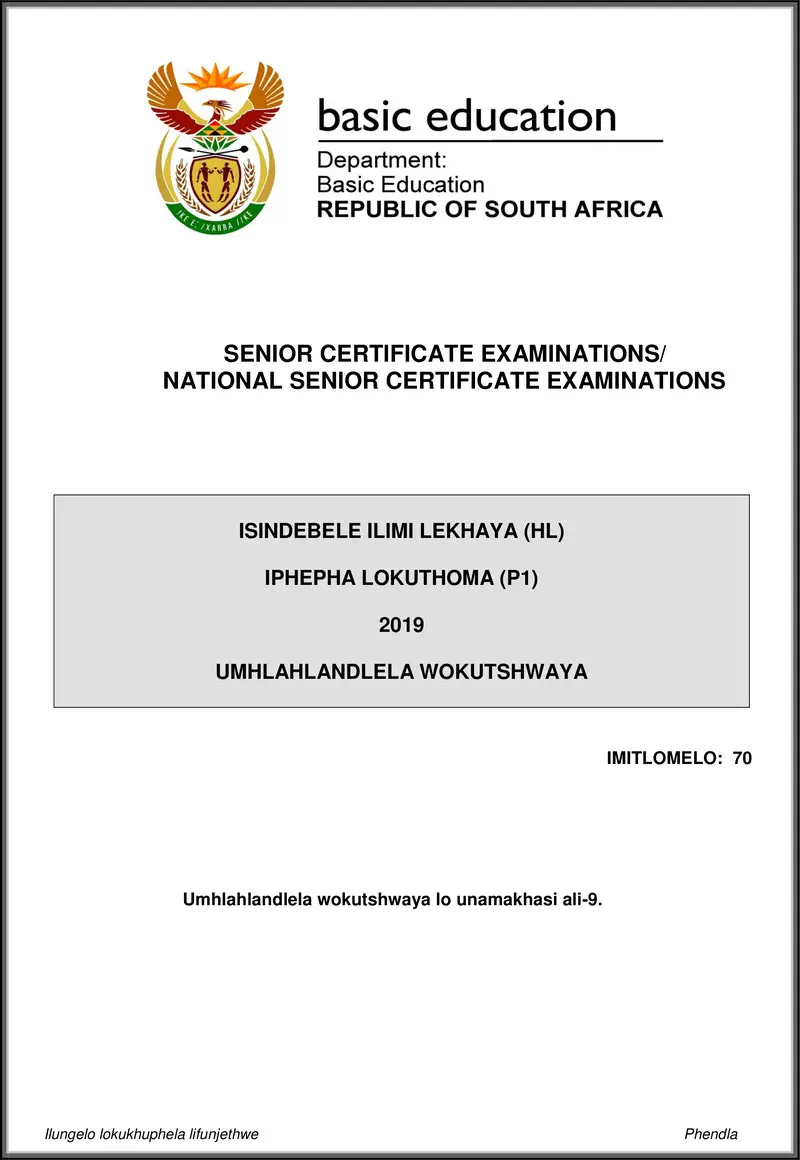 Isindebele Hl P1 May June 2019 Memo Gr12