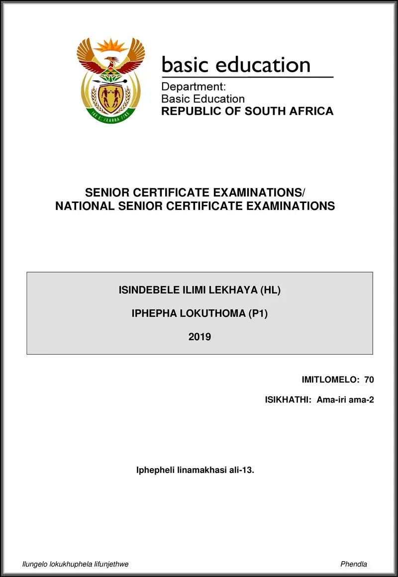 Isindebele Hl P1 May June 2019 Gr12