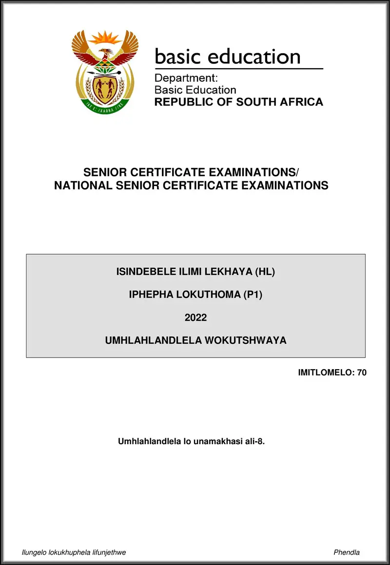 Grade 12 isiNdebele past paper 2022 – isindebele hl p1 may june 2022 mg gr12