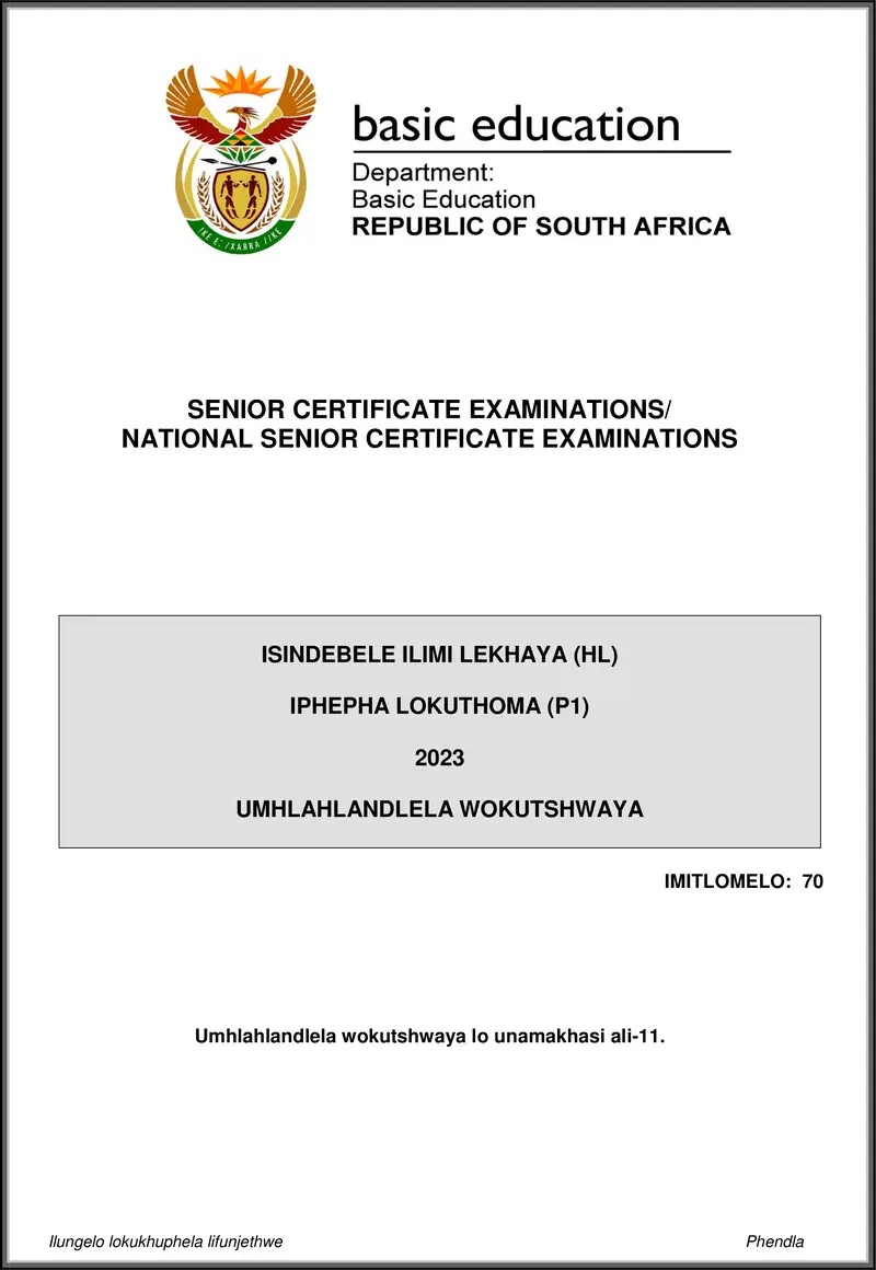 Grade 12 isiNdebele past paper 2023 – isindebele hl p1 may june 2023 mg gr12