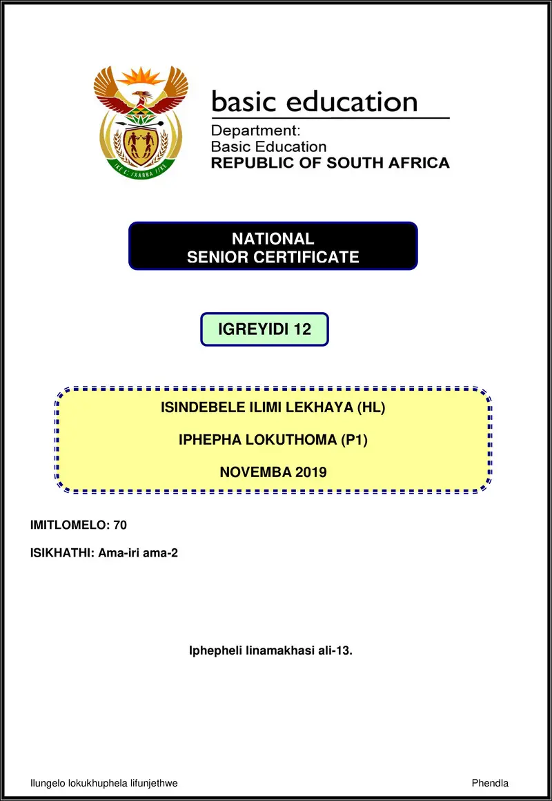 Isindebele Hl P1 Nov 2019 Gr12