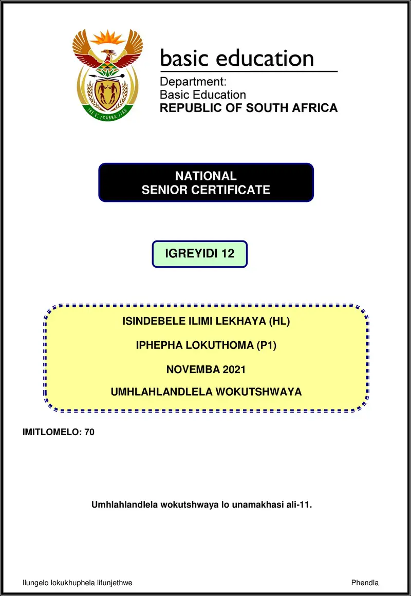 Isindebele Hl P1 Nov 2021 Mg Gr12