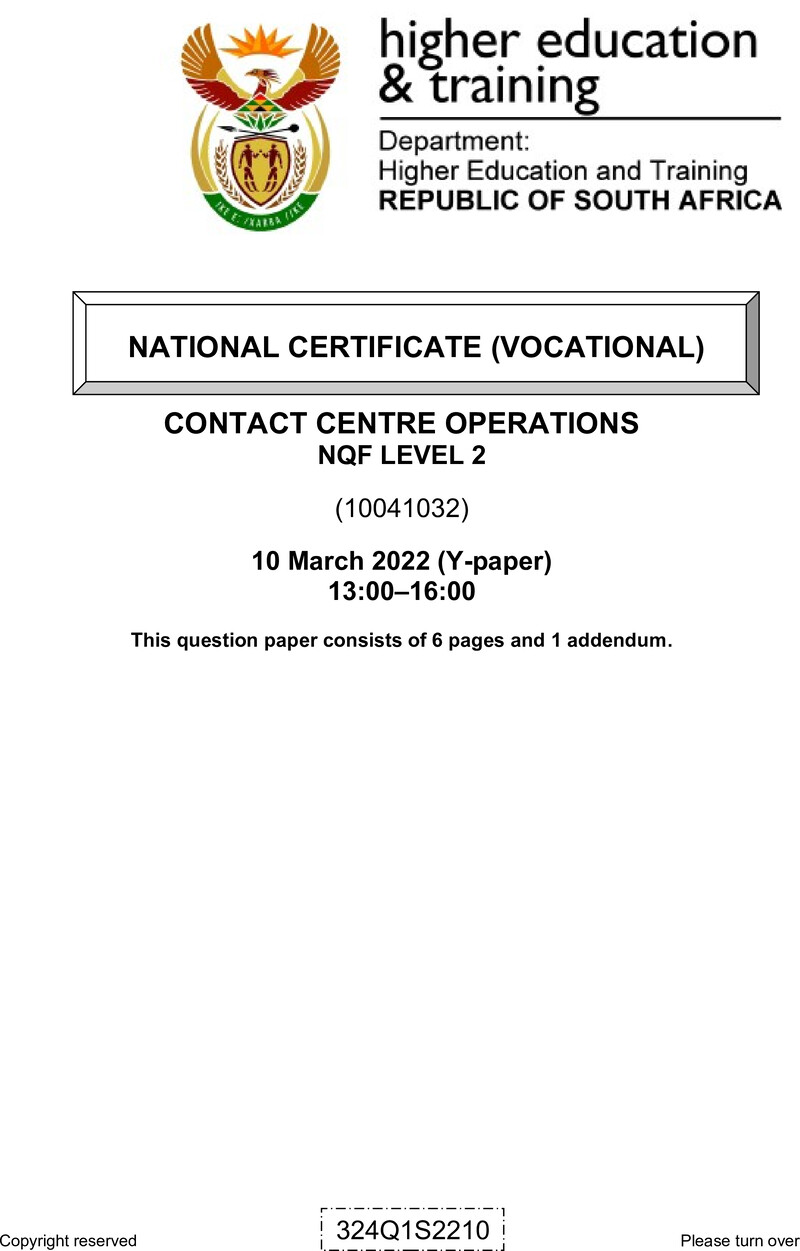 Contact Centre Operations L2 QP Feb 2022 Van Zyl S