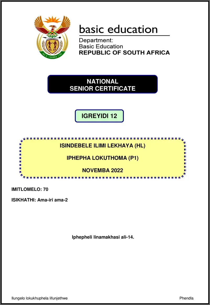 Isindebele Hl P1 Nov 2022 Gr12