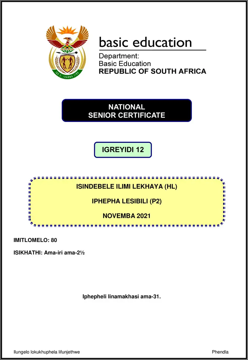 Isindebele Hl P2 Nov 2021 Gr12