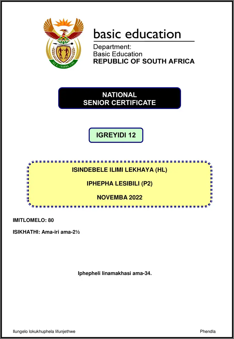 Isindebele Hl P2 Nov 2022 Gr12