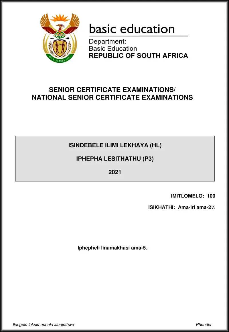 Grade 12 isiNdebele past paper 2021 – isindebele hl p3 may june 2021 gr12