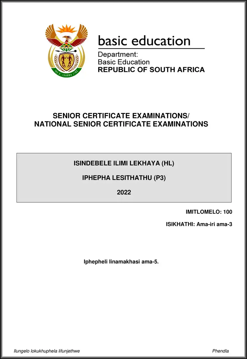 Grade 12 isiNdebele past paper 2022 – isindebele hl p3 may june 2022 gr12