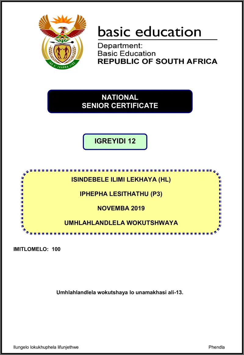 Isindebele Hl P3 Nov 2019 Memo Gr12