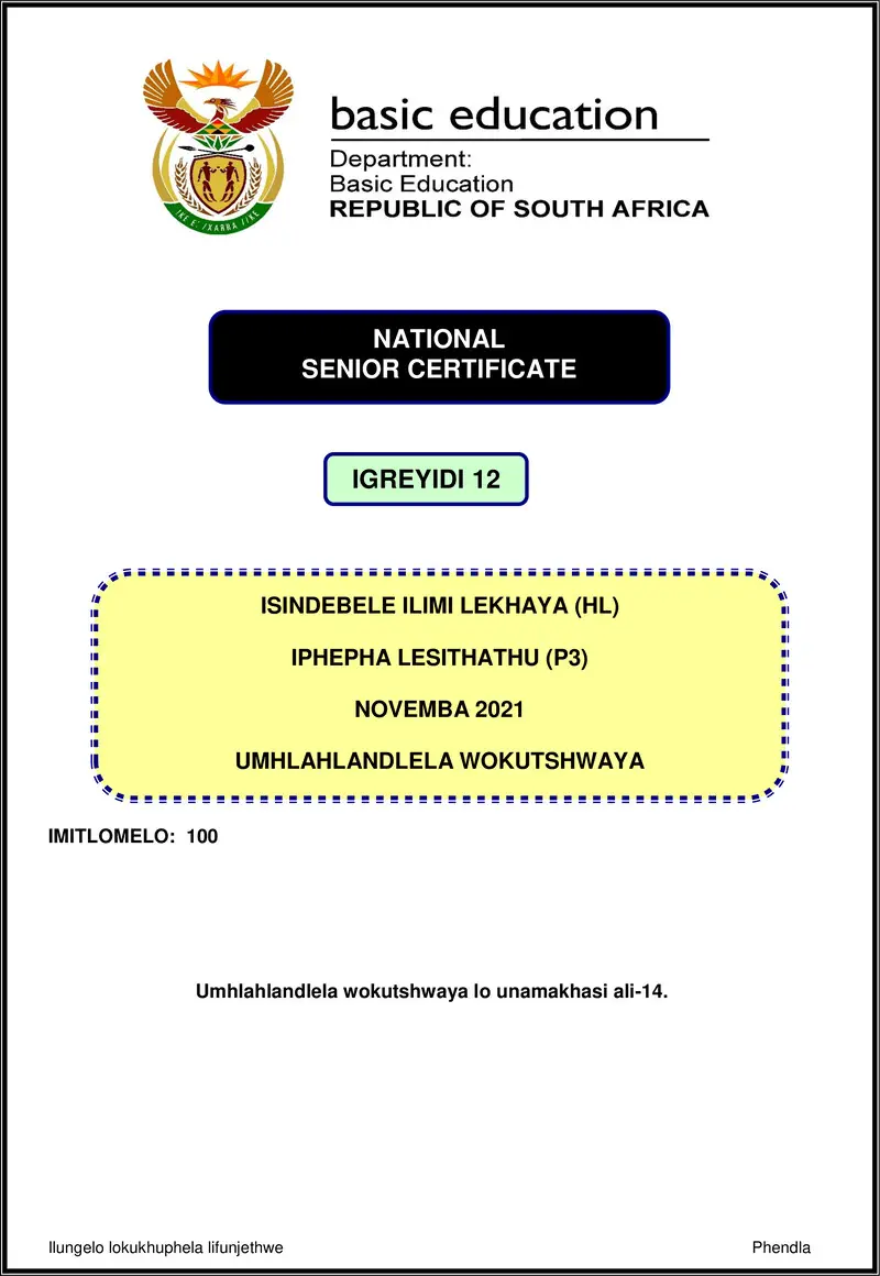 Isindebele Hl P3 Nov 2021 Mg Gr12