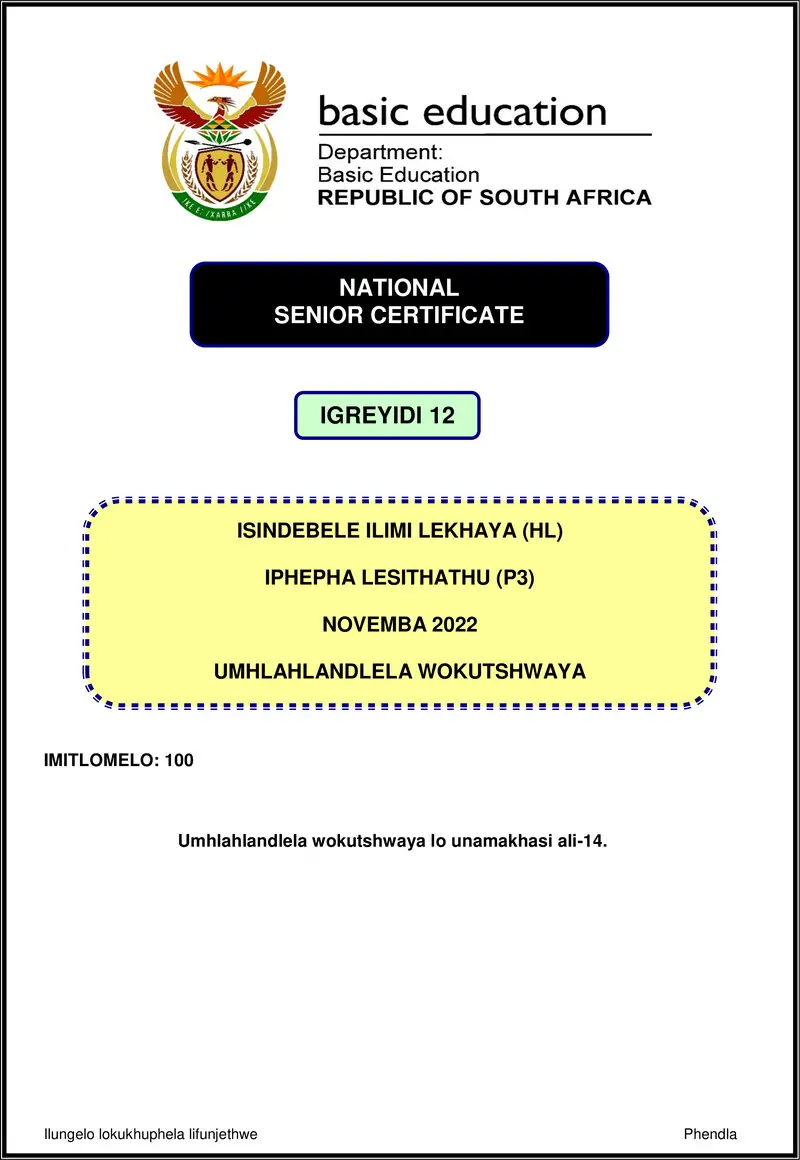 Isindebele Hl P3 Nov 2022 Mg Gr12