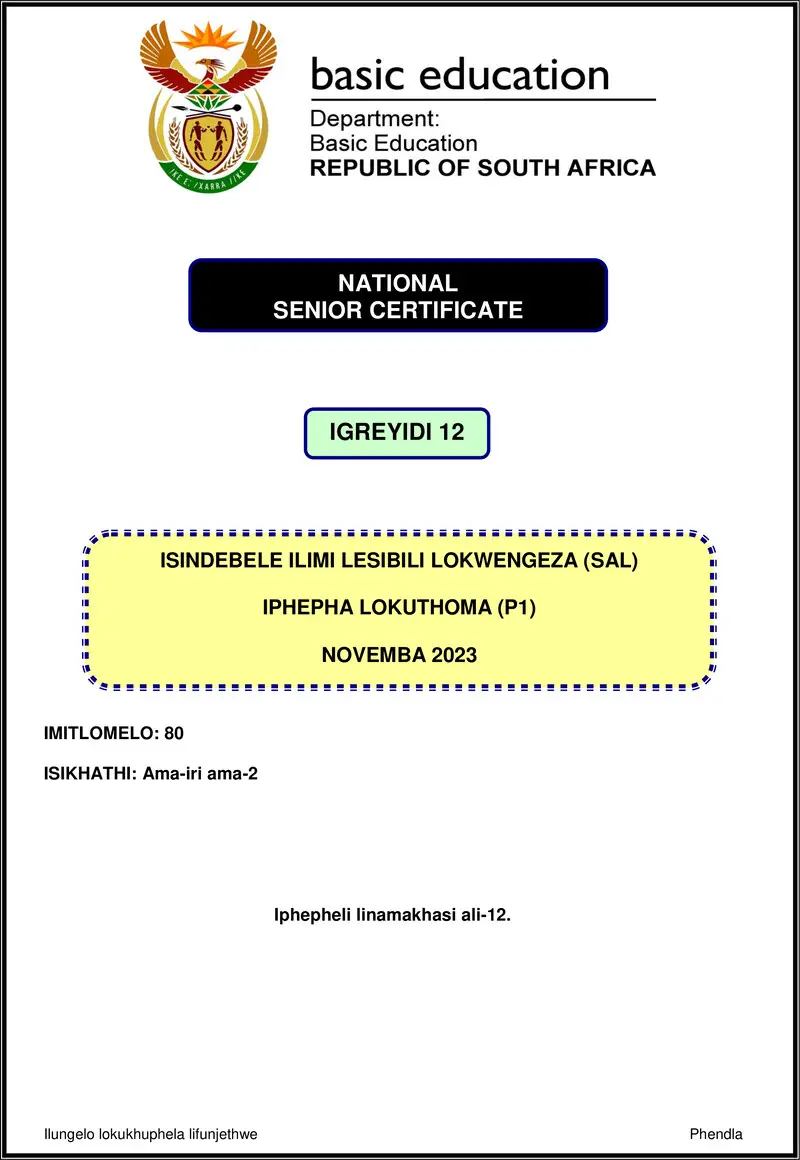 Isindebele Sal P1 Nov 2023 Gr12