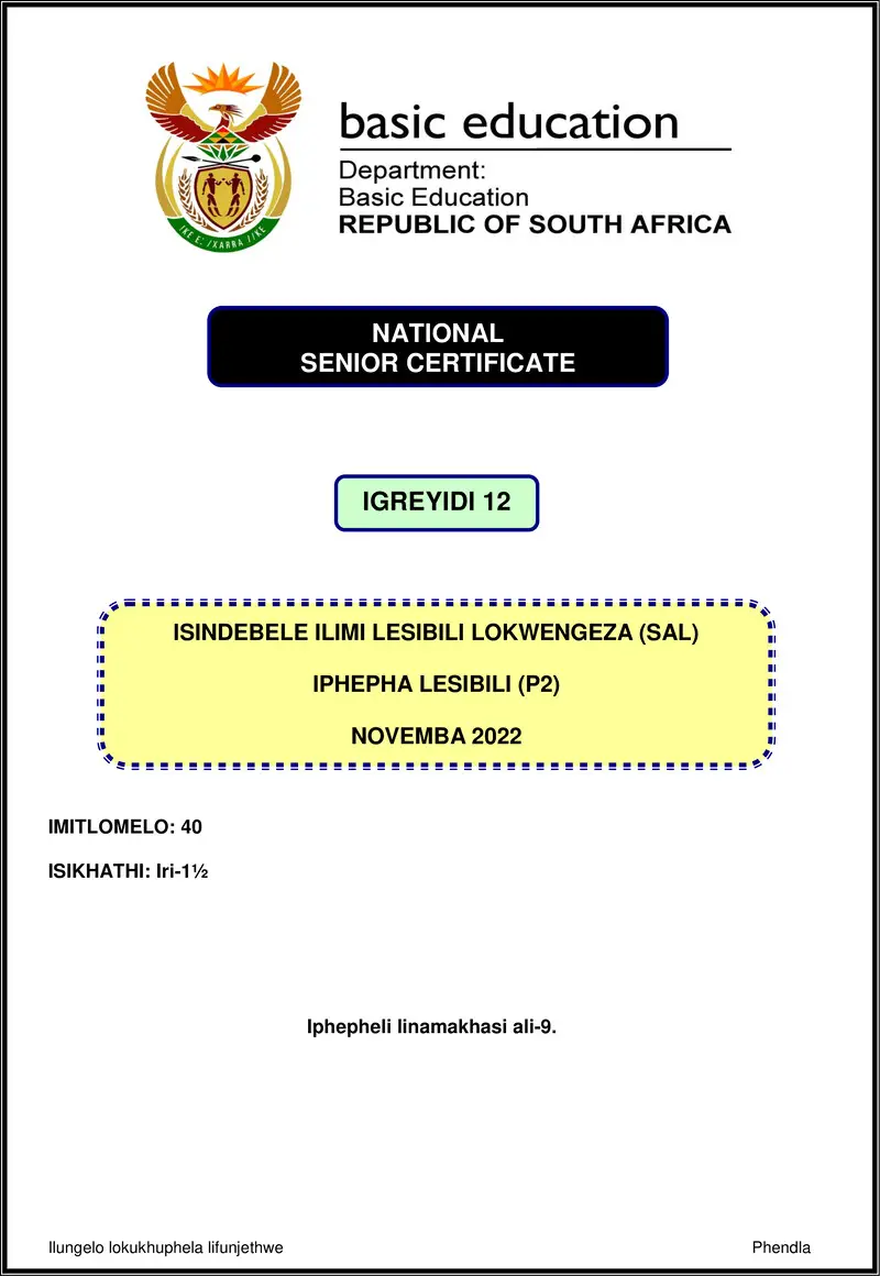 Isindebele Sal P2 Nov 2022 Gr12