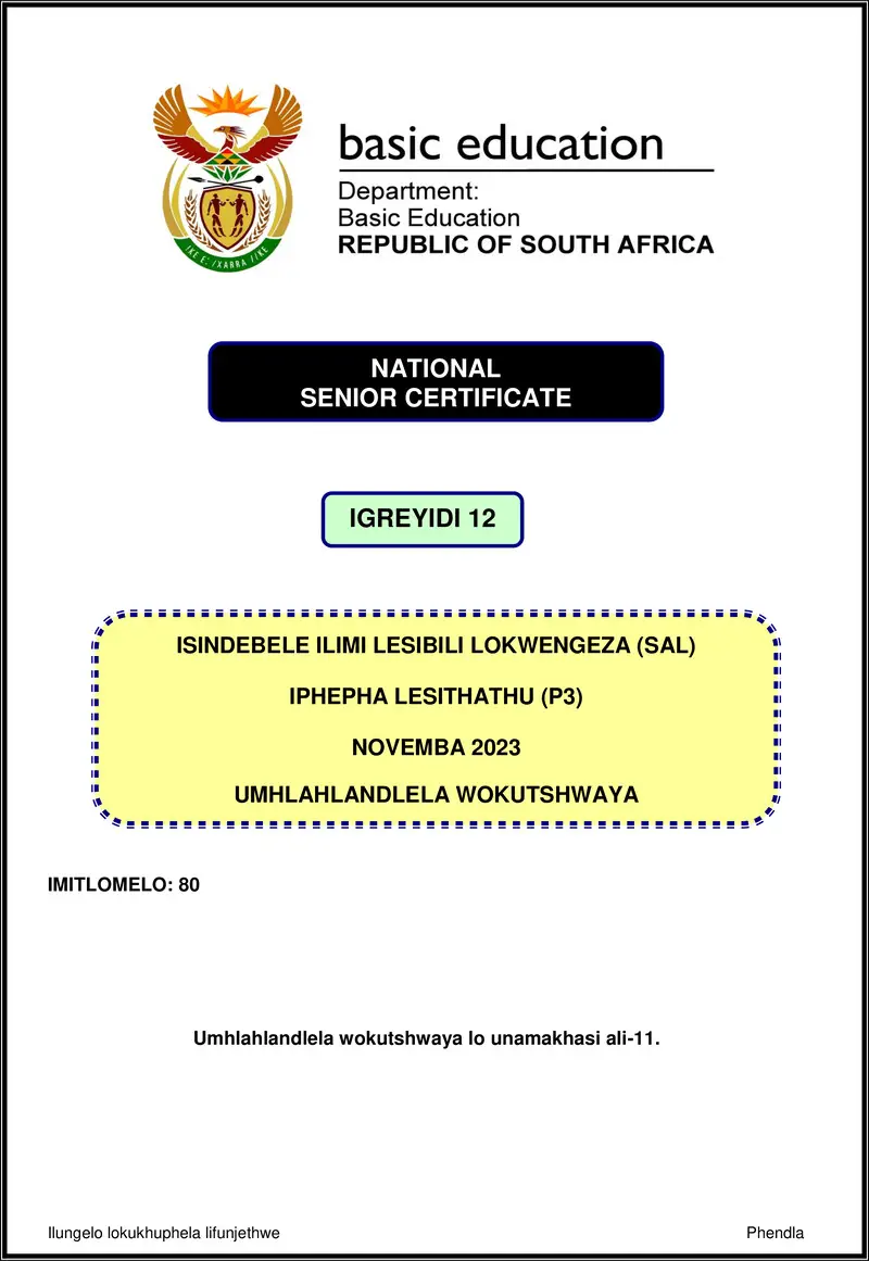 Grade 12 isiNdebele past paper 2023 – isindebele sal p3 nov 2023 mg gr12