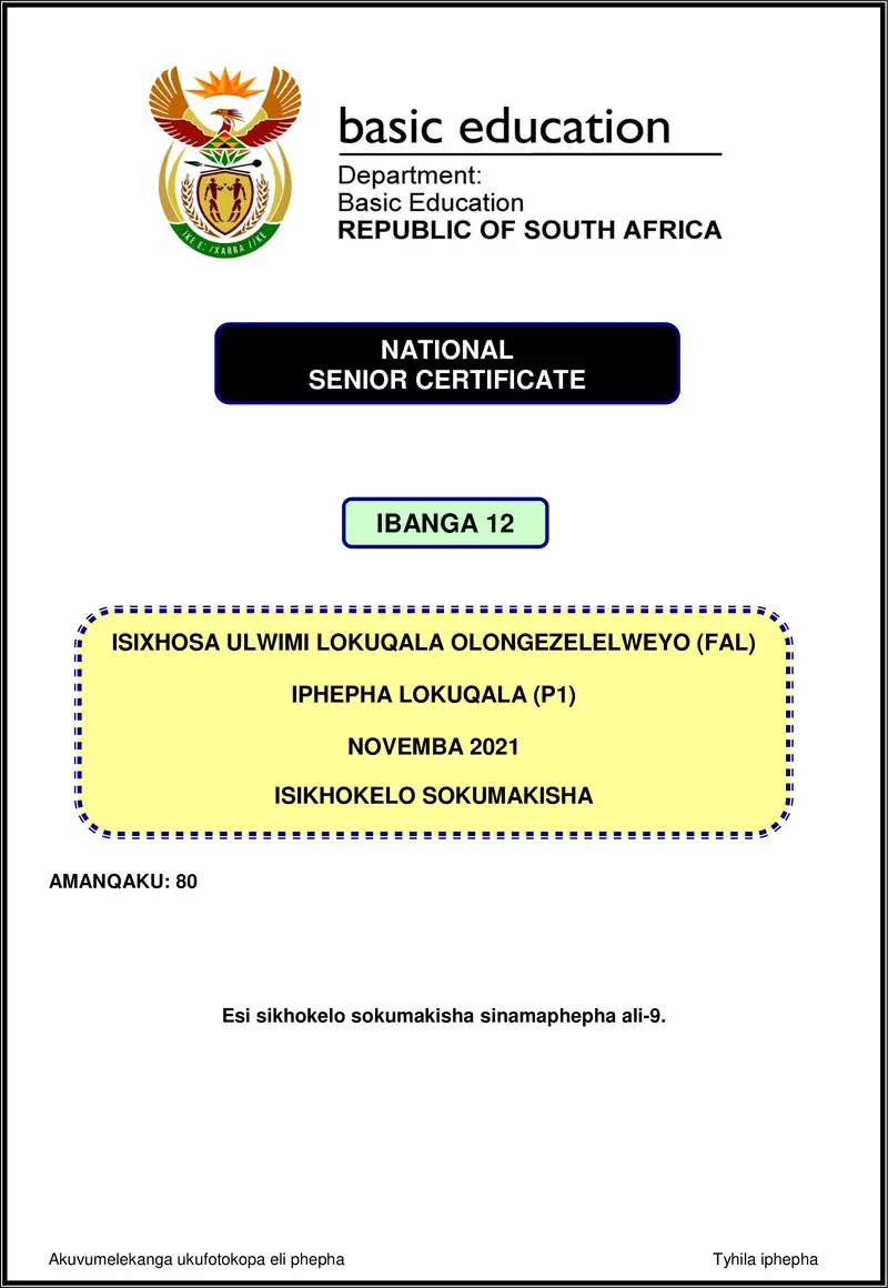 Isixhosa Fal P1 Nov 2021 Mg Gr12