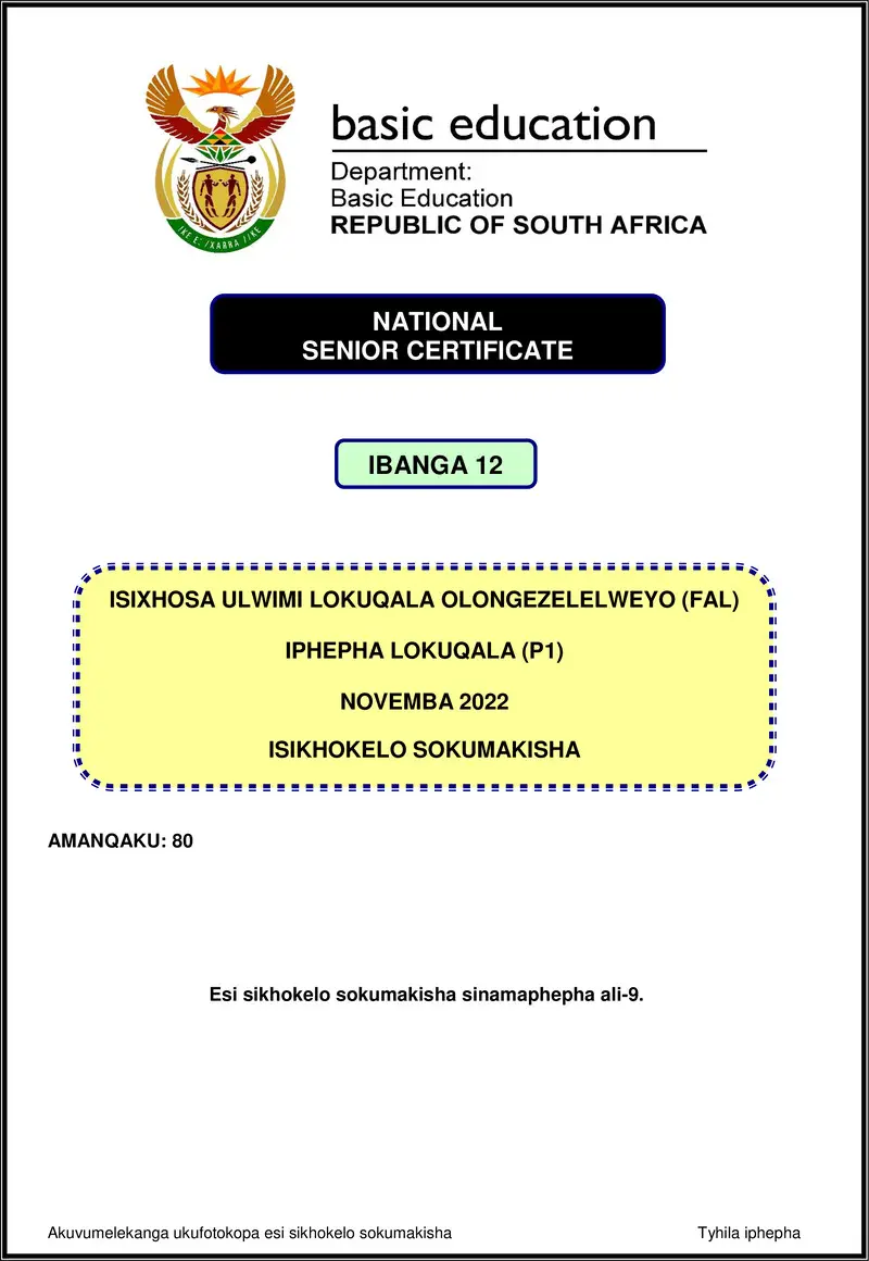 Isixhosa Fal P1 Nov 2022 Mg Gr12