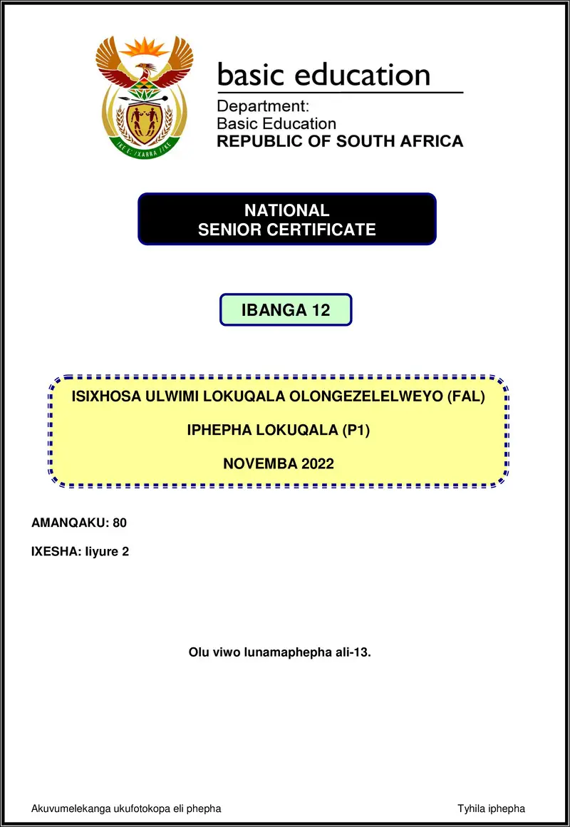 Isixhosa Fal P1 Nov 2022 Gr12