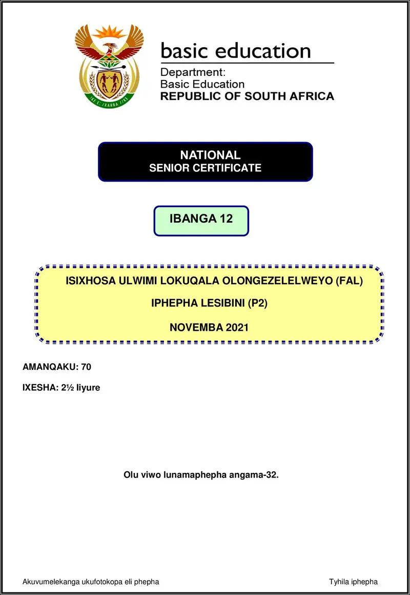 Isixhosa Fal P2 Nov 2021 Gr12