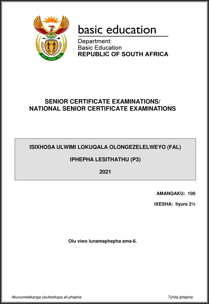Isixhosa Fal P3 May June 2021 Gr12