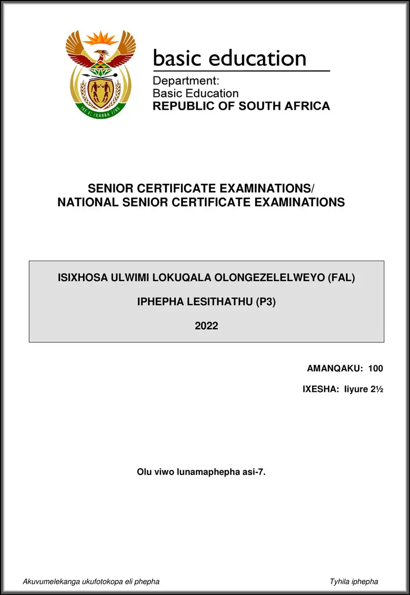 Isixhosa Fal P3 May June 2022 Gr12
