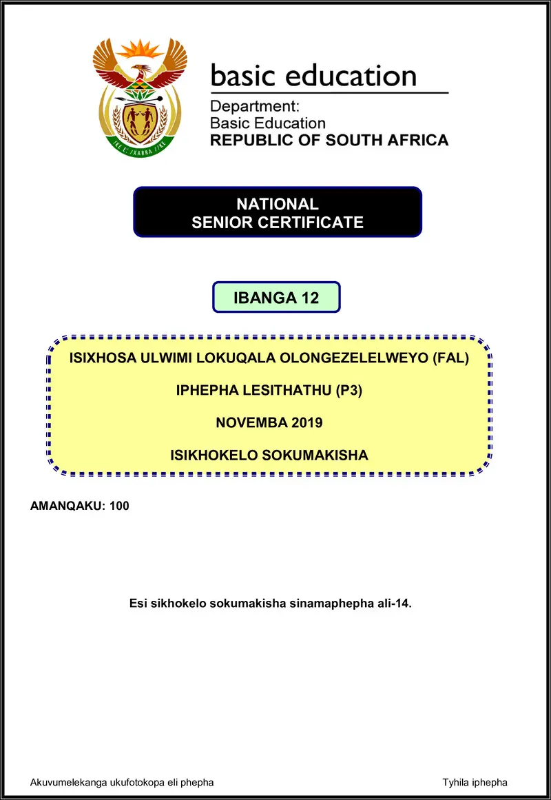 Isixhosa Fal P3 Nov 2019 Memo Gr12