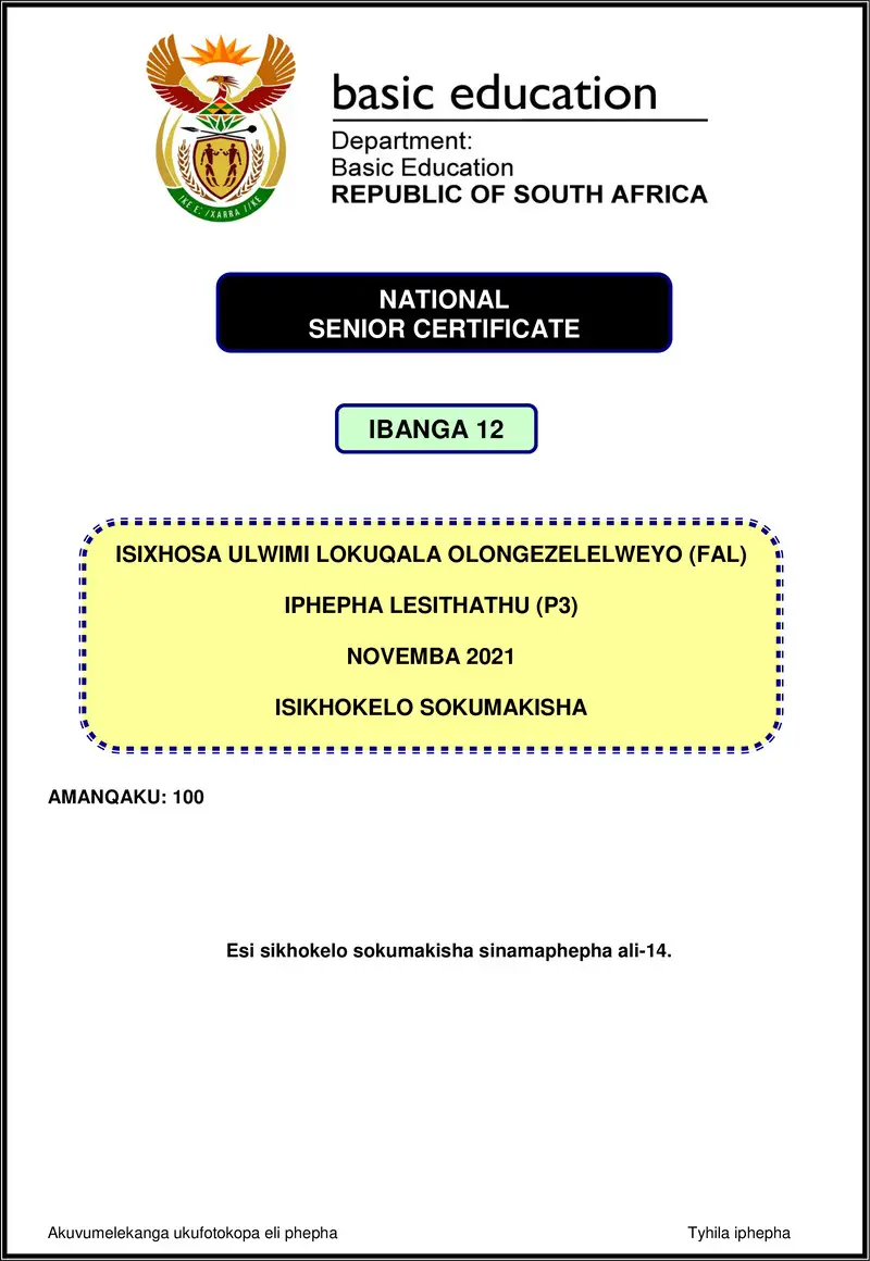 Isixhosa Fal P3 Nov 2021 Mg Gr12