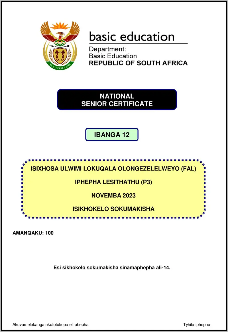 Isixhosa Fal P3 Nov 2023 Mg Gr12