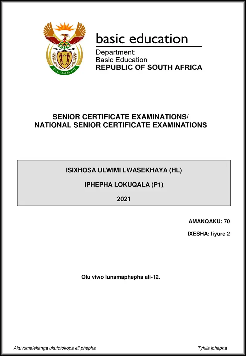 Isixhosa Hl P1 May June 2021 Gr12