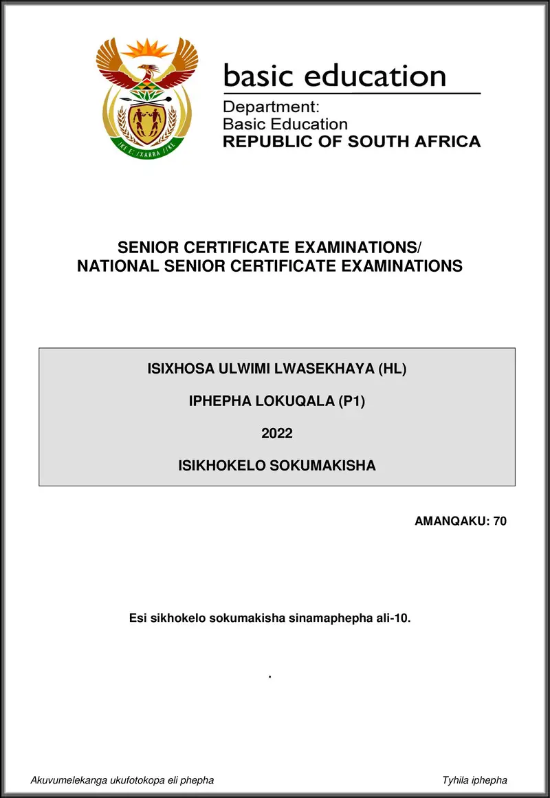 Isixhosa Hl P1 May June 2022 Mg Gr12