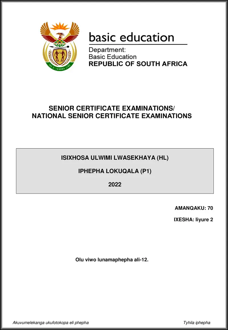 Grade 12 isiXhosa past paper 2022 – isixhosa hl p1 may june 2022 gr12