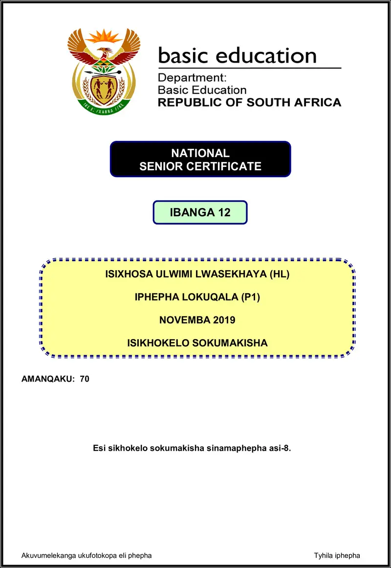 Isixhosa Hl P1 Nov 2019 Memo Gr12