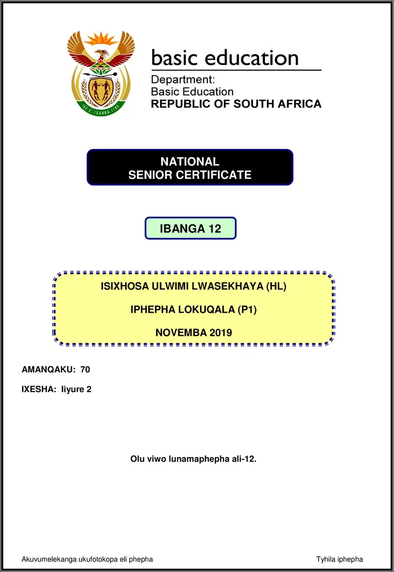 Isixhosa Hl P1 Nov 2019 Gr12