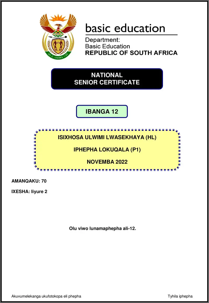 Isixhosa Hl P1 Nov 2022 Gr12