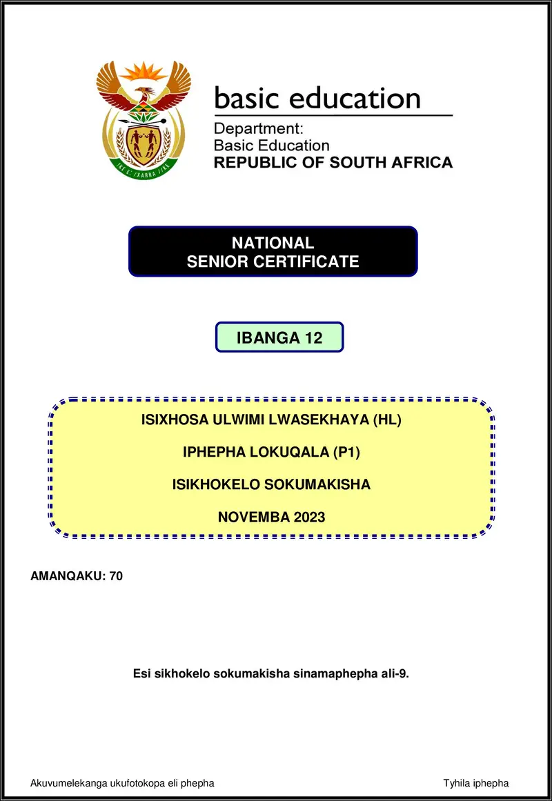 Isixhosa Hl P1 Nov 2023 Mg Gr12