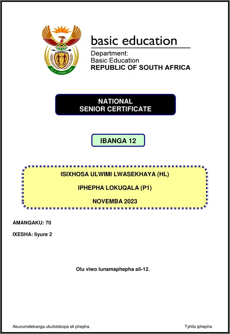 Grade 12 isiXhosa past paper 2023 – isixhosa hl p1 nov 2023 gr12