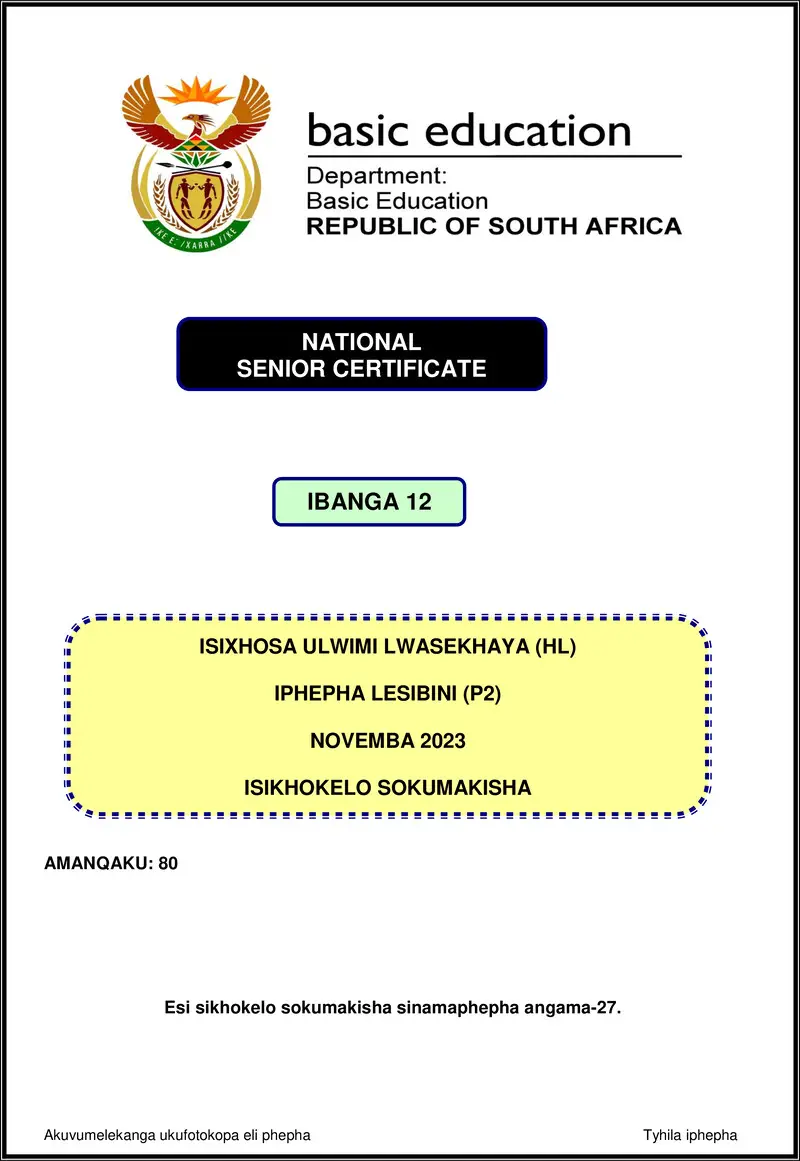 Isixhosa Hl P2 Nov 2023 Mg Gr12