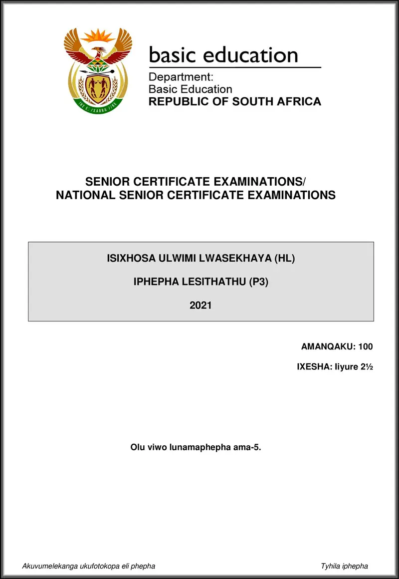 Isixhosa Hl P3 May June 2021 Gr12