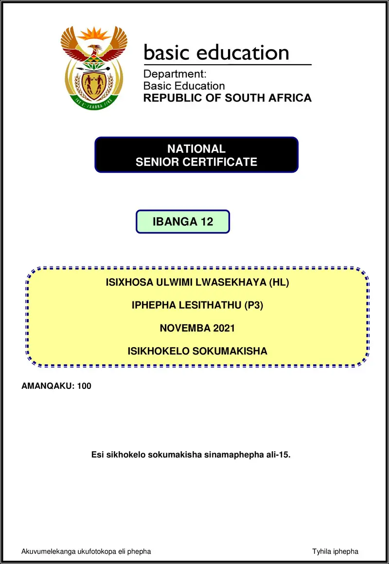 Isixhosa Hl P3 Nov 2021 Mg Gr12